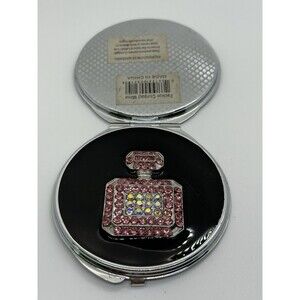 Compact Mirror With a‎ Perfume Bottle Made of Pink Rhinestones Rare
